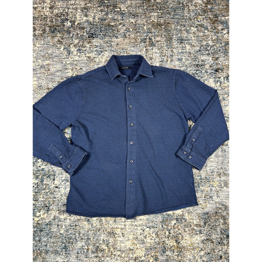 Tahari Mens Blue Diamond Knit Long Sleeve Button Down Shirt Size L